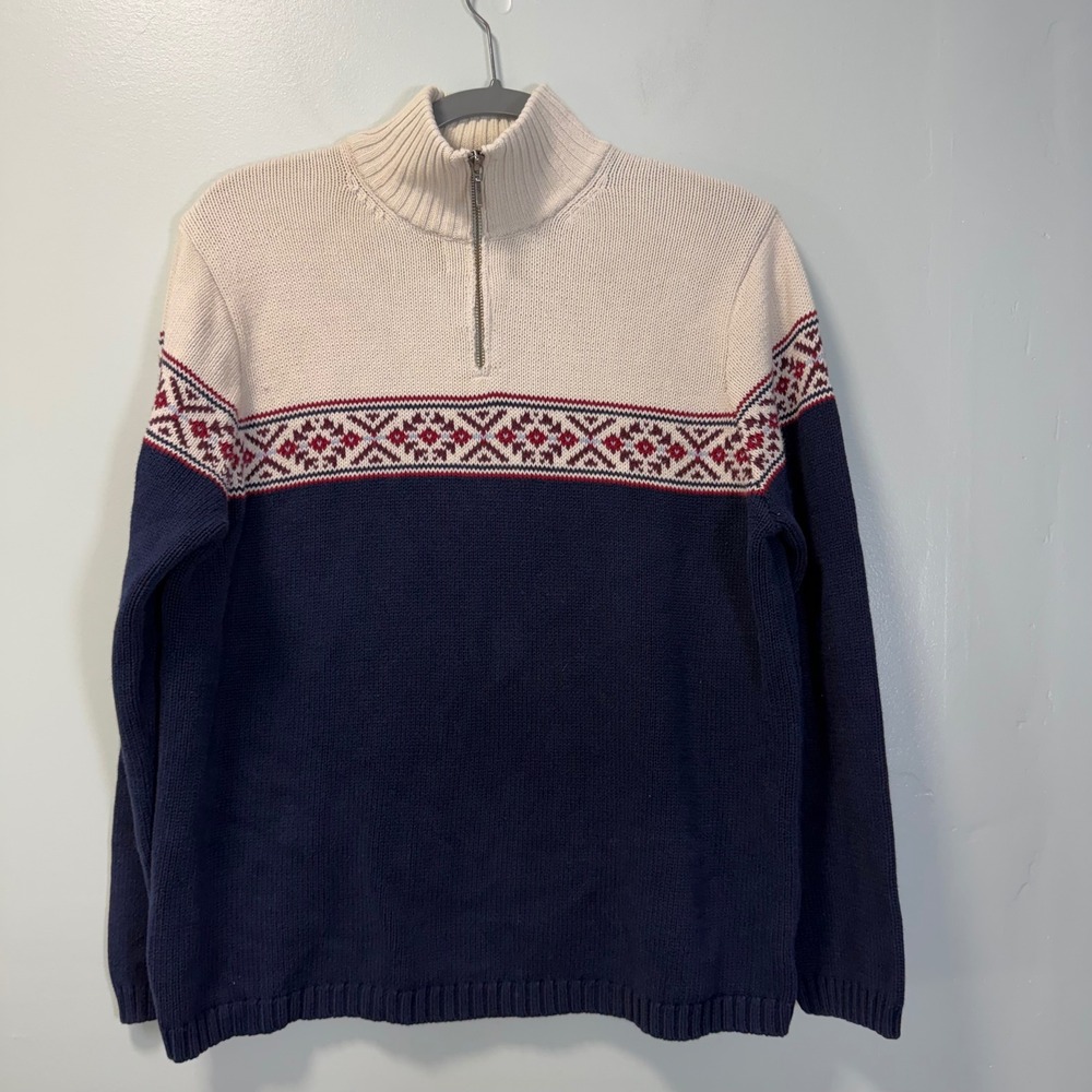 Eddie Bauer Womens Navy Cream Fair Isle Quarter Zip Cotton Sweater Large